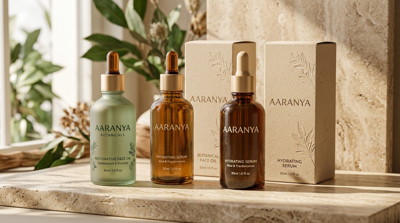 Brand identity mockup for Aaranya skincare