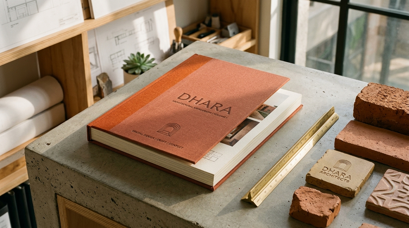 Architectural monograph mockup for Dhara studio