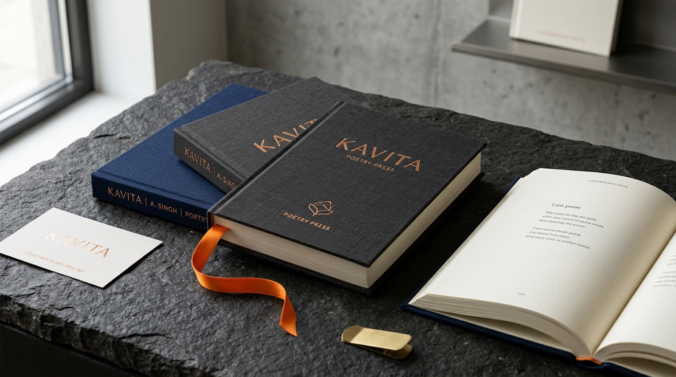 Editorial book design mockup for Kavita press
